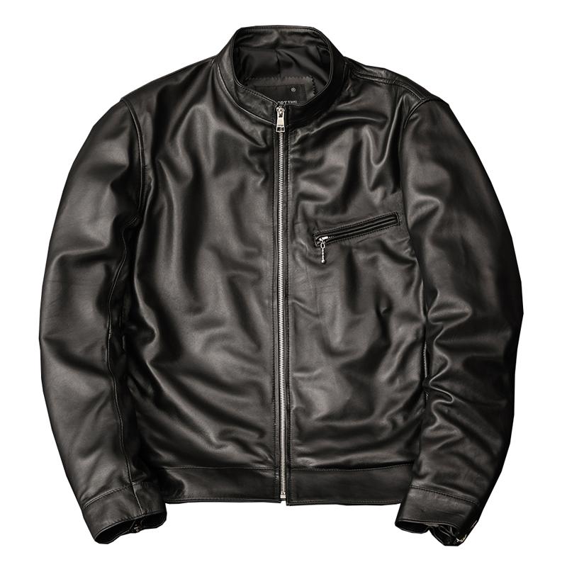 New Korean Style Stylish Simple Genuine Sheepskin Leather Jacket Men Short Stand Collar Casual Coat