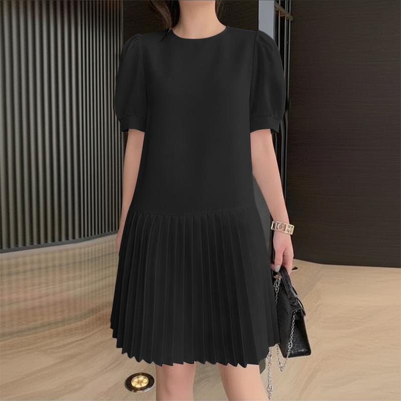 ZANZEA Women Casual Round Neck Solid Color Short Sleeve Pleated Dress S чёрный