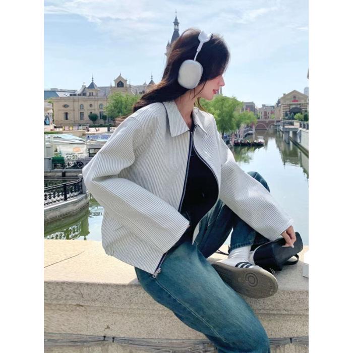 Retro Striped Reversible Lapel Jacket: Spring/Autumn Casual Loose Fit Small