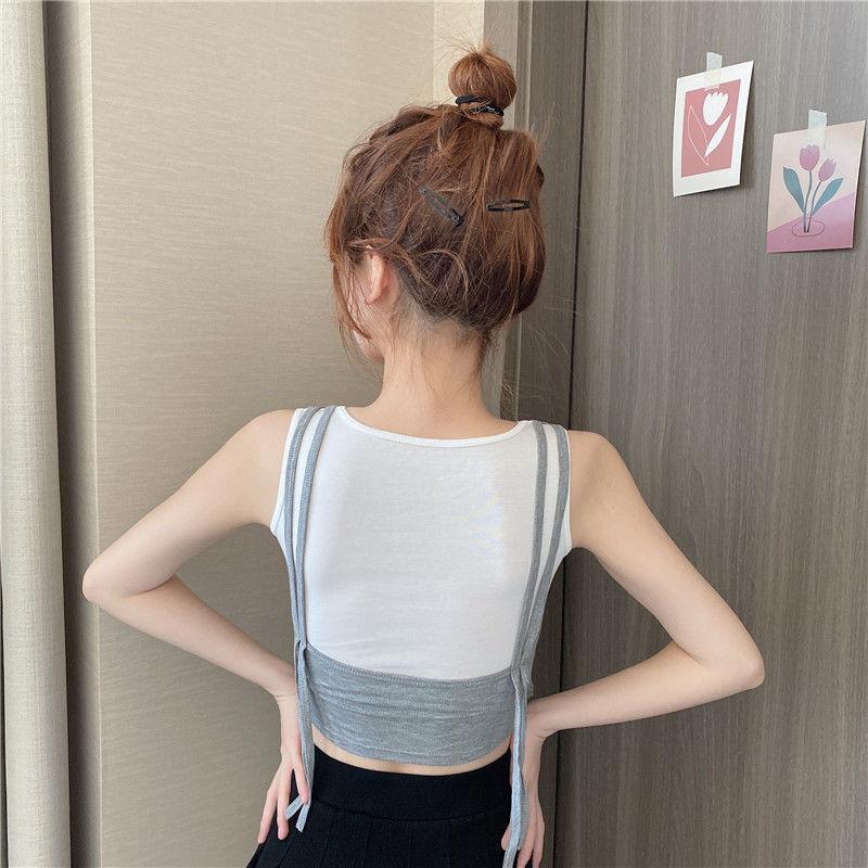 Women's Fake Two-Piece Crop Tank Top, Ribbed Cotton Sleeveless Camisole