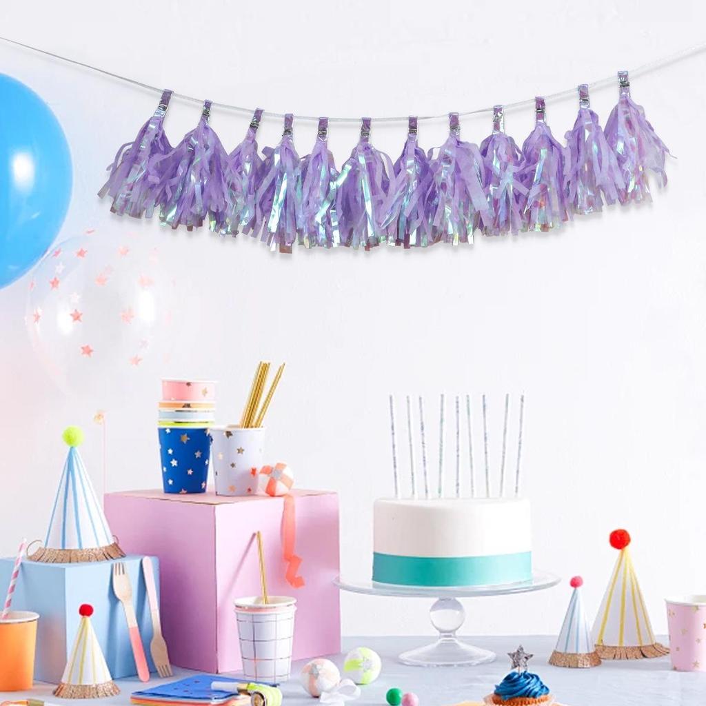 Handmade DIY Colorful Tassel Strands with Aluminum Foil Pull Flowers - 12/Pack for Birthday Decoration