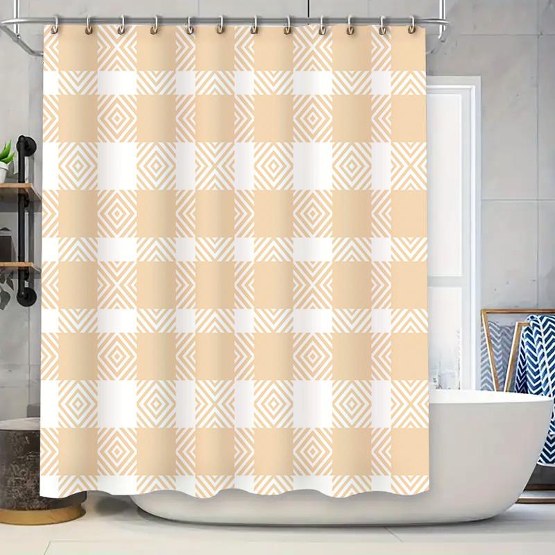 

White and Beige Checkered Shower Curtain for Bathroom Decor Waterproof Fabric with Rings for Hooks (180x274cm) 90x180cm