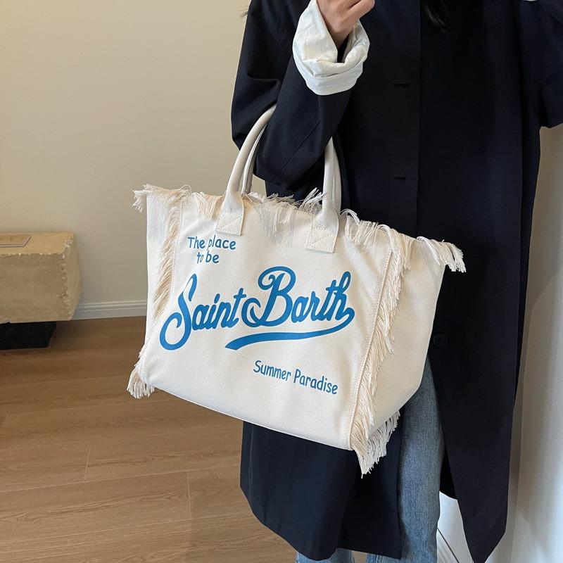 Bolsa de praia de lona com borla feita à mão para mulher, nova bolsa tote estampada, bolsa de ombro de grande capacidade