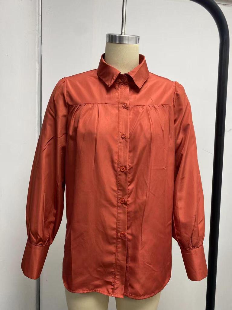 2024 Buckle Top Lantern Sleeve Pleated Solid Color Loose Long Sleeve Stand Collar Shirt for Women