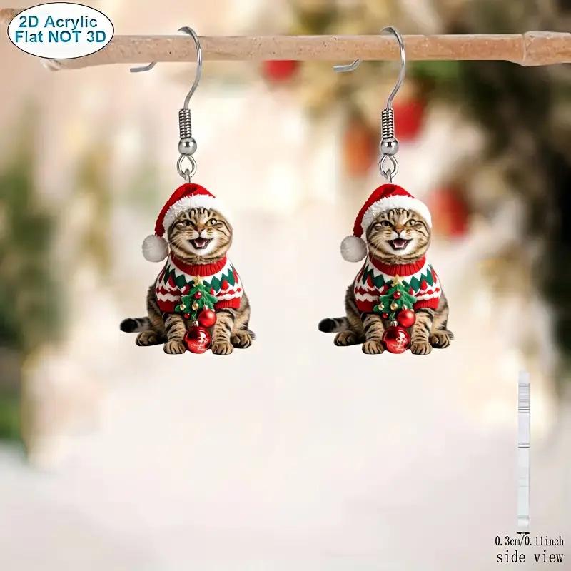 Cross-border new Christmas kitten earrings flat acrylic pet lovers Christmas cartoon animal earrings