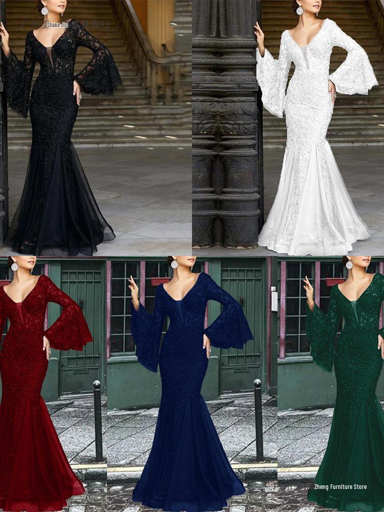 Elegant Black Fishtail Lace Evening Gown for Women