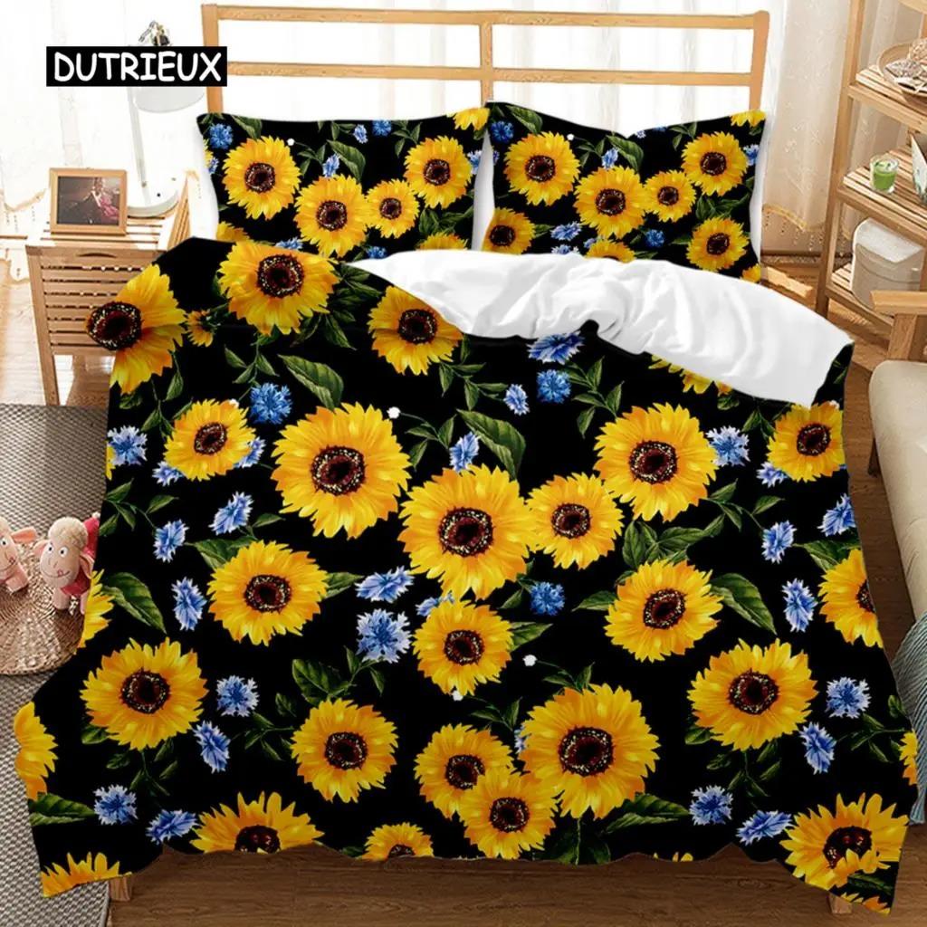 Sunflower Duvet Cover Set Girly Yellow Floral Print Twin Comforter Cover Women Blossom Flowers