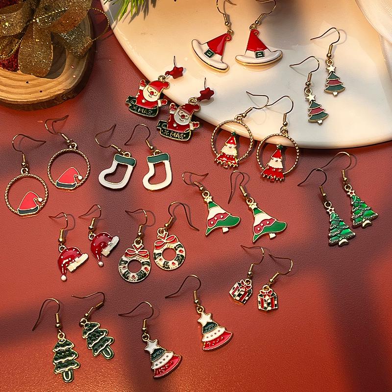 New Christmas Drip Oil Stud Earrings: Red & Green Tree, Snowman, Boots, Bells – Cute Cartoon Jewelry