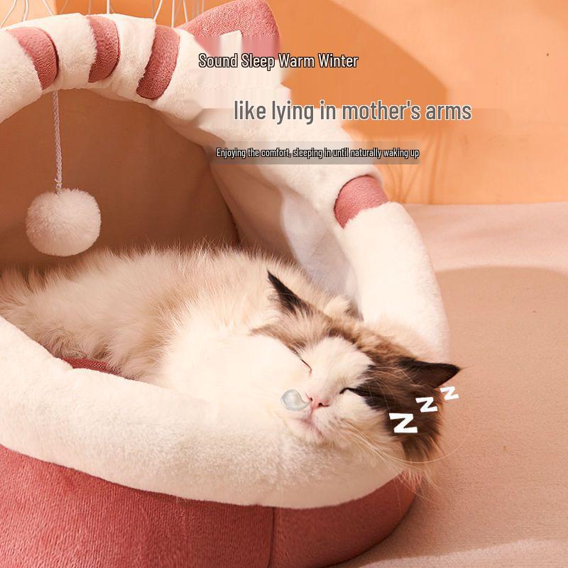 All-Season Cat & Dog Bed: Cozy Enclosed Pet House & Sleeping Mat