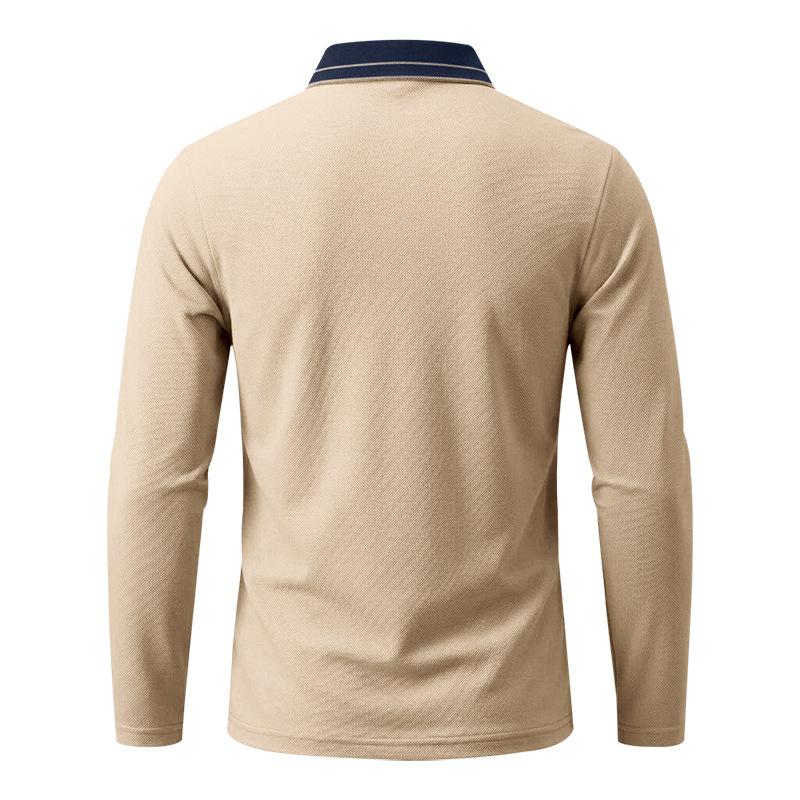 Autumn Mens Solid Long Sleeve Polo Shirt Contrast Striped Lapel Collar Button Placket Breathable Golf Casual Wear Tees