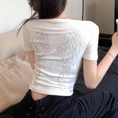 Korean Fashion Cropped T Shirts Women Casual Vintage Y2k Wing Tops Kpop Diamond Sweet Short Sleeve Tees Summer