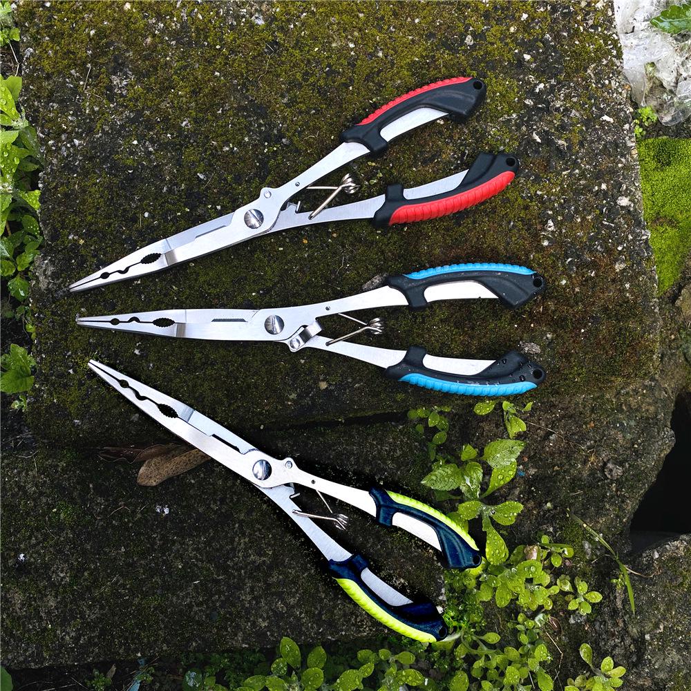 Long Nose Multifunctional Fishing Pliers: Lure, Fish Mouth Clamp, Hammer, Line Cutter, and Hook Control Tool.