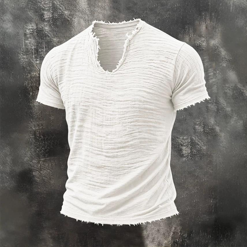 2026 Solid-color Men's Retro Cotton-Linen Mustache Edge Special V-Neck Short-Sleeve T-Shirt