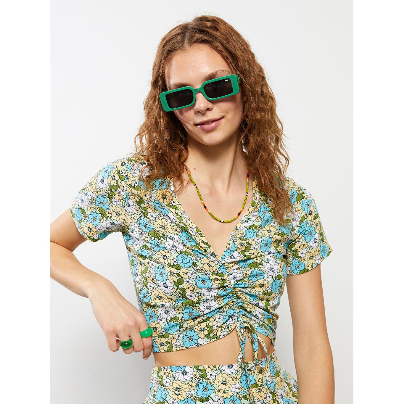 

XSIDE Зеленая укороченная женская блузка из вискозы с v-образным вырезом и цветочным принтом с короткими рукавами