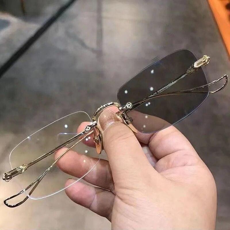 Pochromic Anti-blue Glasses Frameless Temperament Flat Lens Burst Glasses Men Sunglasses