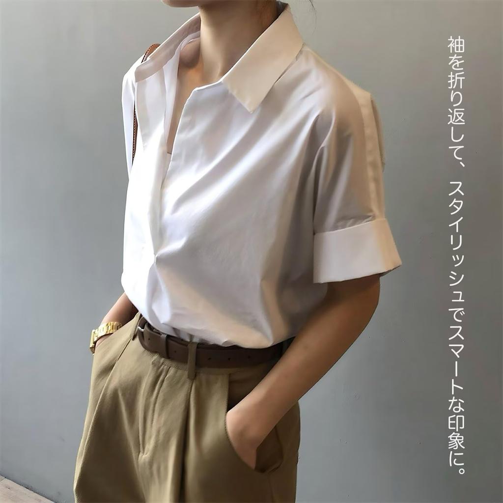 Blouse for Short Sleeve Office Commuting [Quiet Wave] Women, Top, Chiffon, Plain, Buttonless, Collared, Slimming, Elegant, Figure-Hidden, Stylish,