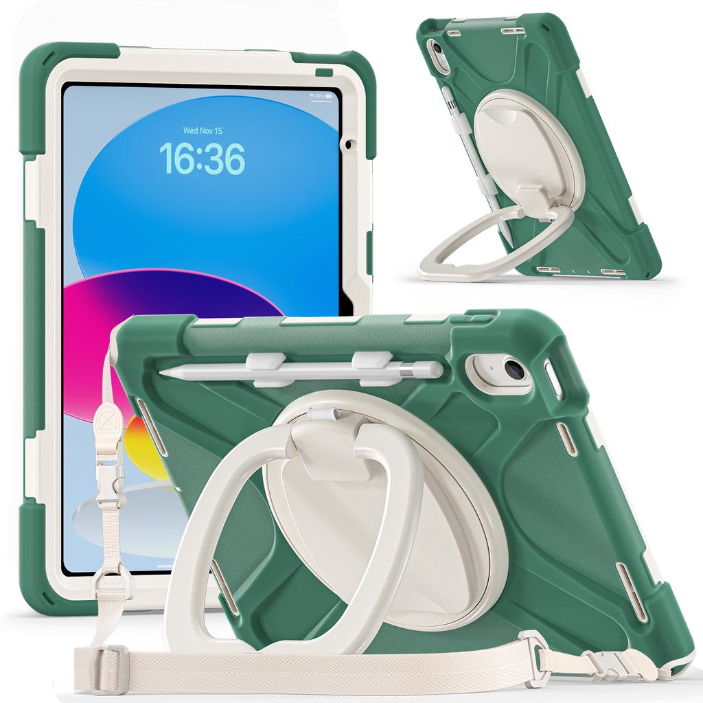 For iPad (2025) / 10.9 (2022) Case with Shoulder Strap TPU + PC + Silicone Kickstand Tablet Cover