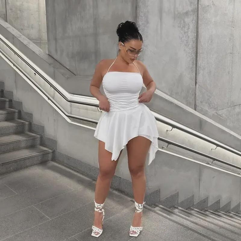 2023 Women's Solid Color Halter Neck Pleated Irregular Short Dress - European and American Style