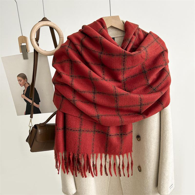 Versatile Imitation Cashmere Tassel Soft And Sticky Plaid Scarf For Women'S Winter Luxury New Fashionable Thickened Warm Shawl