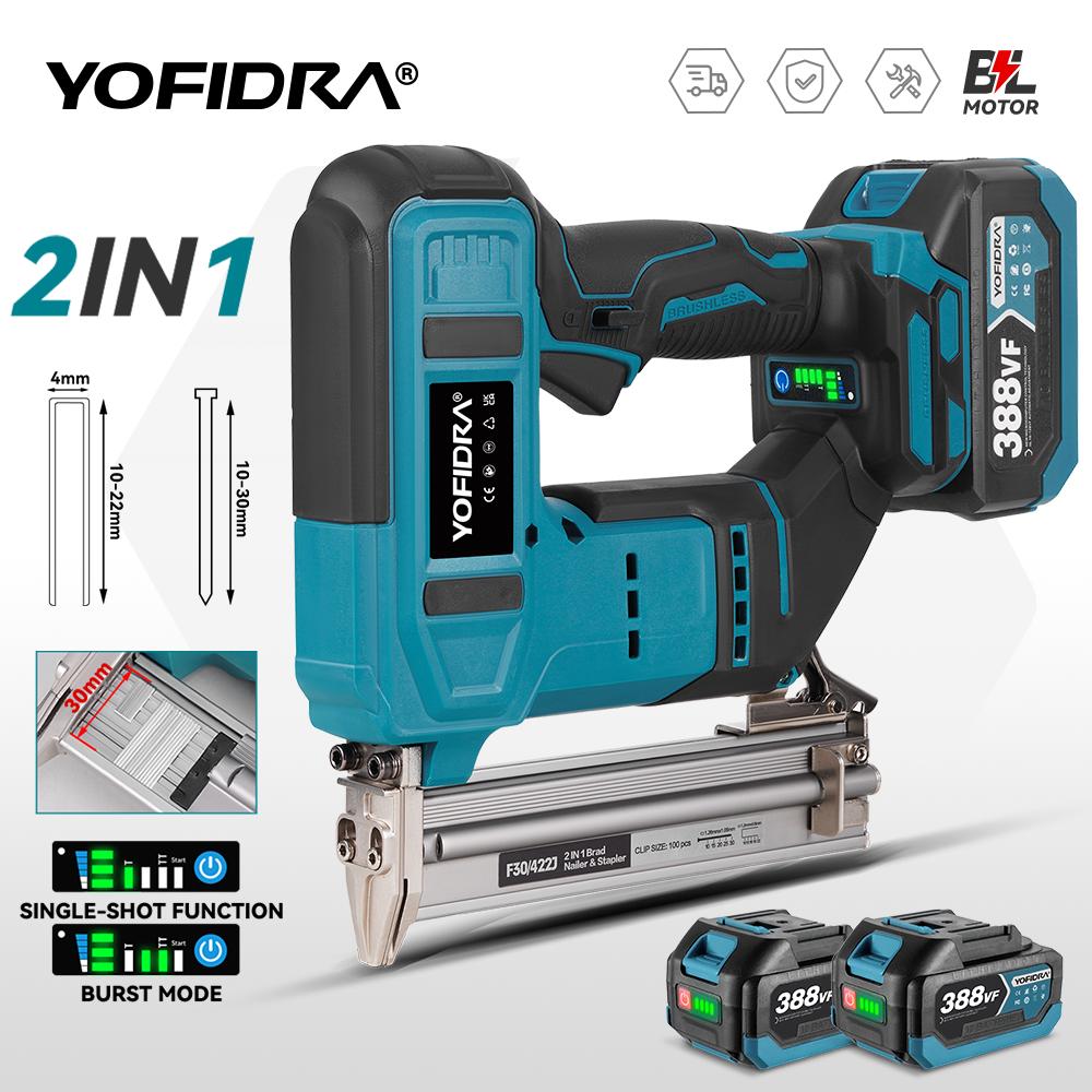 Yofidra Chiodatrice elettrica senza spazzole 30mm 2in1 Chiodatrice/Graffettatrice a batteria Chiodatrice per carpenteria Tacker Strumento per batteria Makita 18V Spilli