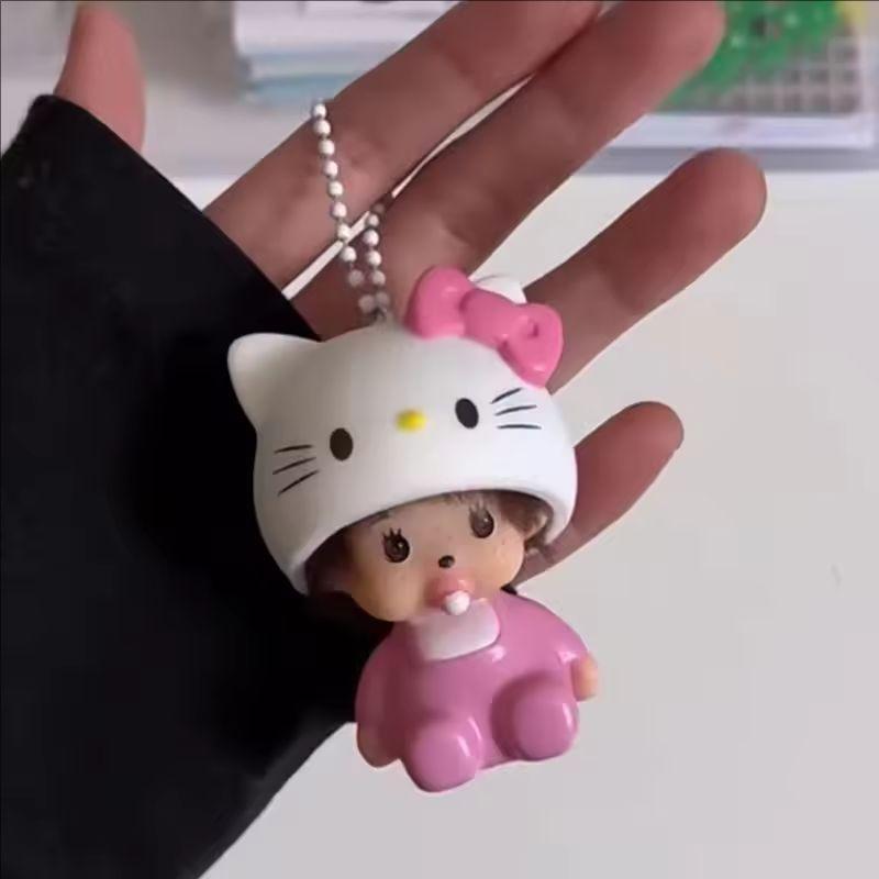 Hello Kitty Monchhichi Vinyl Figure Keychain Cute Anime Keyring Car Bag Pendant Desktop Ornament Wedding Gift for Fans Kids