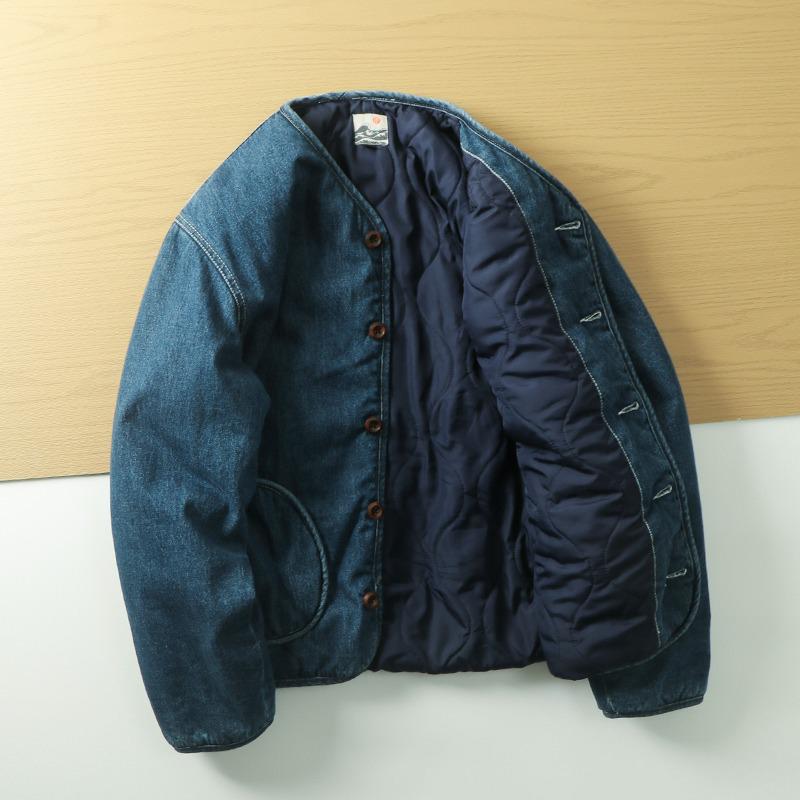 2025 Men's Quilted Winter Denim Jacket - Japanese Retro Style with Stand Collar