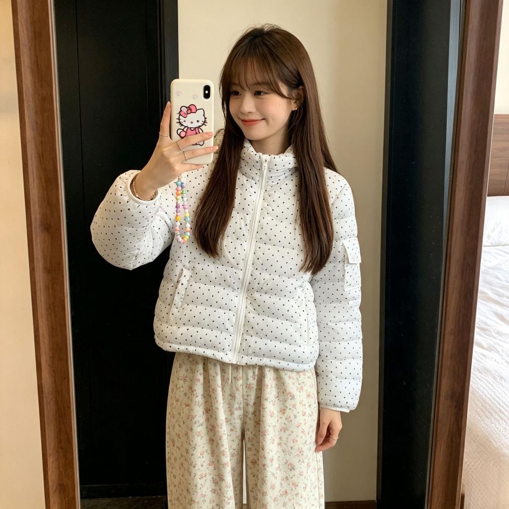 Warm cotton-padded clothes for women, white pressure-sensitive polka dots, thickened ribs, zero jacket, hooded winter new design