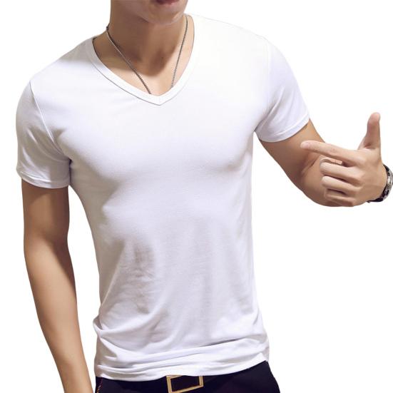 V-Neck Short Sleeve Thin Men T-shirt Summer Solid Color Slim Fit Tee Top Streetwear
