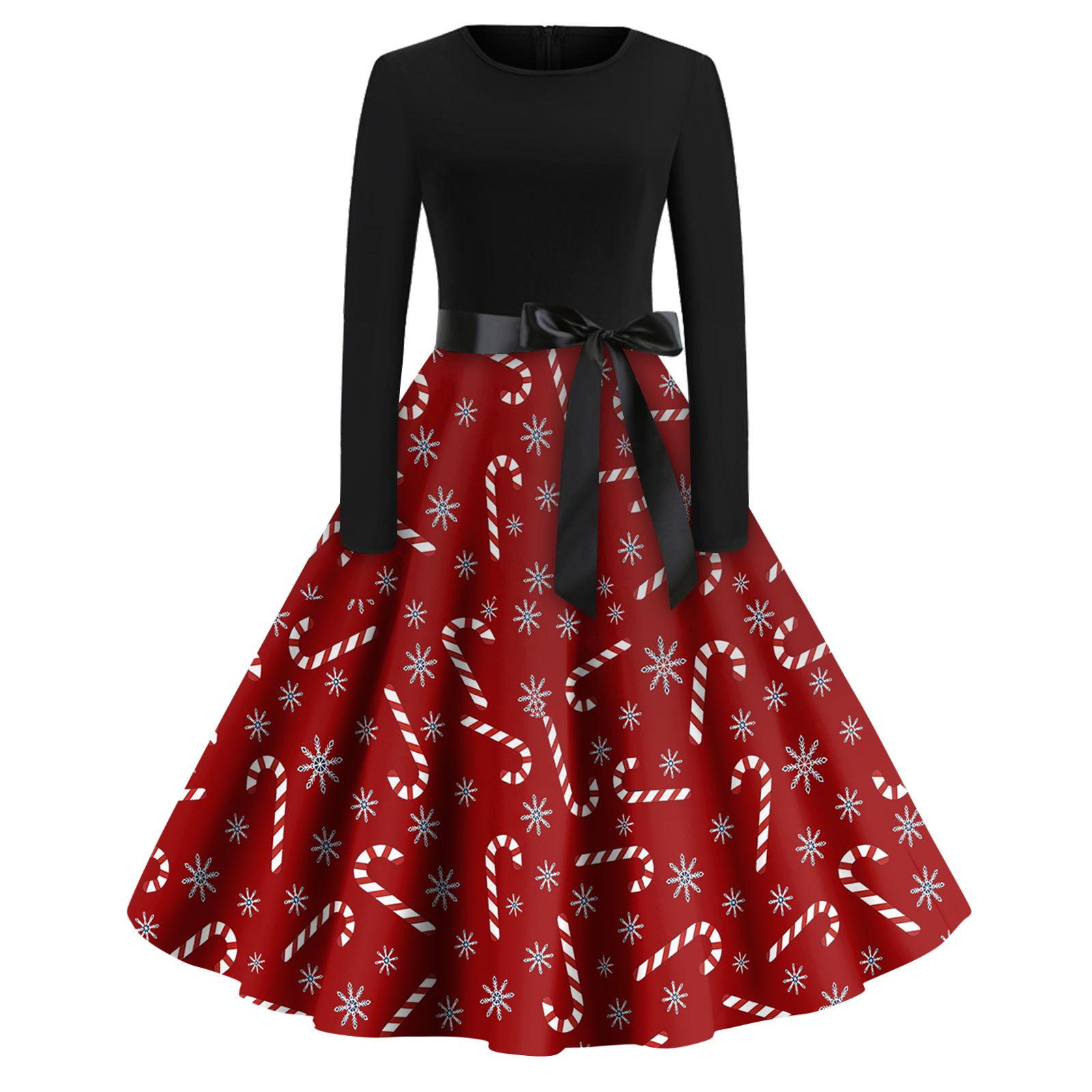 

Christmas Print Flare Dress For Women Long Sleeve Dress Hollow Party Casual Dresses M киноварь