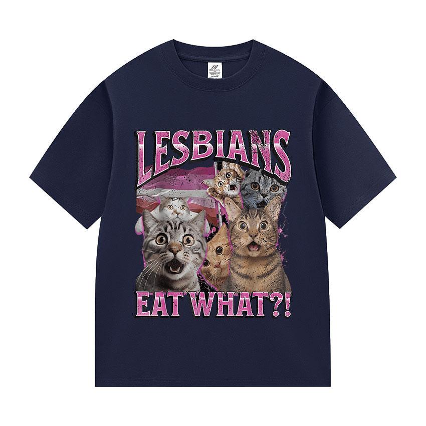 Vintage Lesbians Eat What Funny Cat Meme T Shirts Men Women Aesthetic Fashion Short Sleeve T-shirt Summer Oversized Cotton Tees