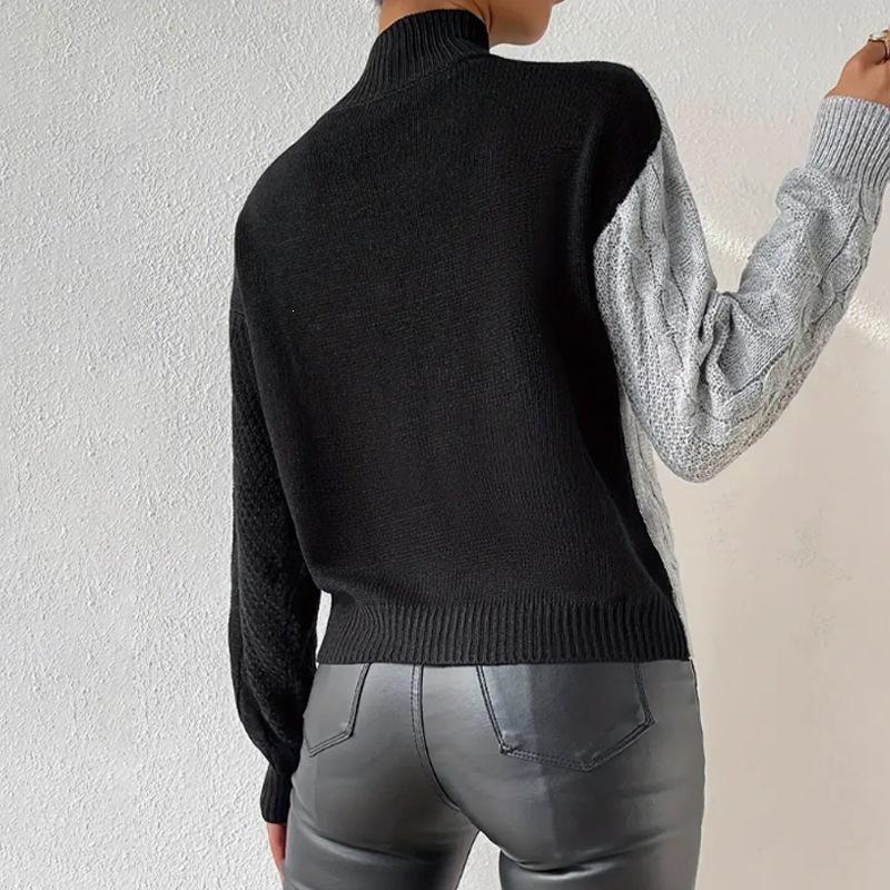 Women's Color Block Half-High Collar Cable Knit Sweater - Autumn/Winter European & American Loose Casual Style