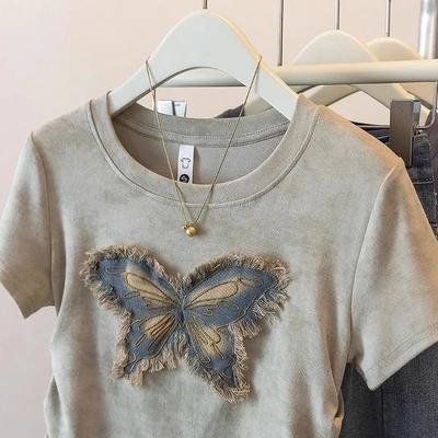 Übergröße Fette Frau Kurzarm-T-Shirt Damen Sommer Neu Schlanke Passform Einzigartig Einzigartig Vielseitig Schmetterling Oberteil