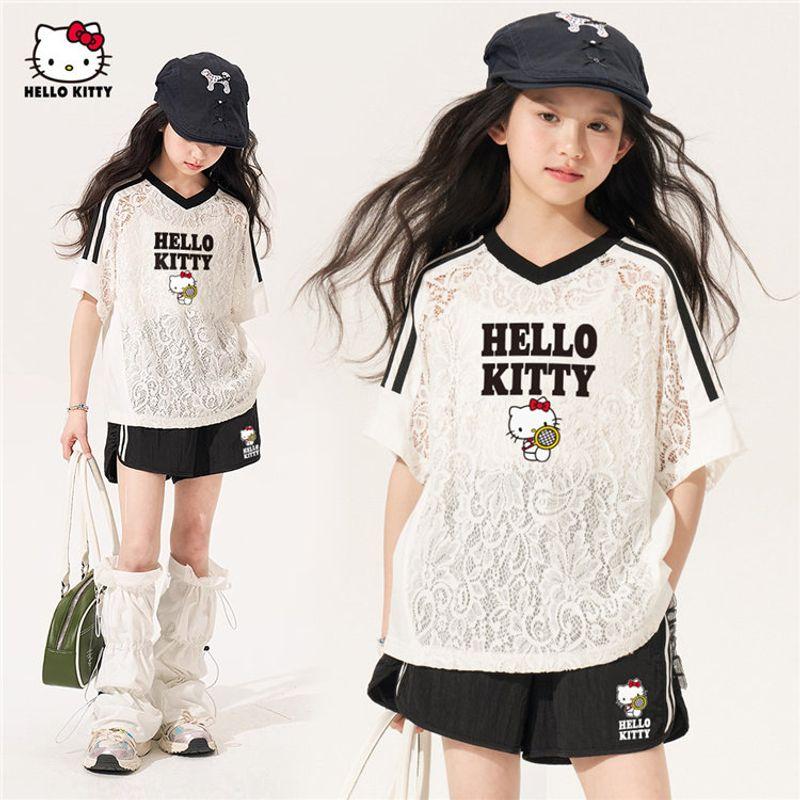 Hellokitty Girls  Summer Suit 2025 New Style Girls  Sports Summer Suit Fashionable Kidsren s Summer Two-Piece Suit White 140 cm