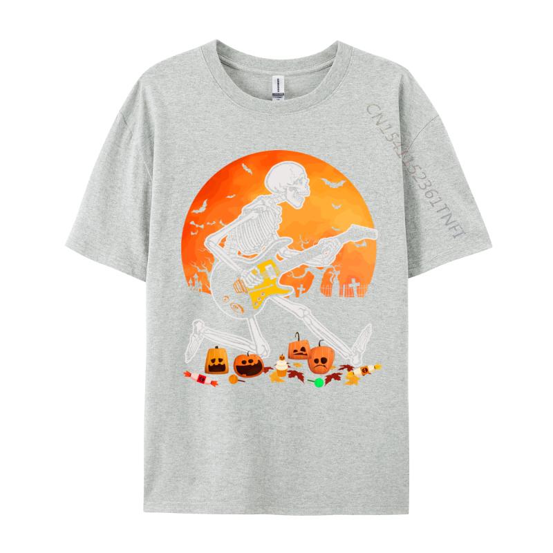 Skeleton Playing Bass Guitar Halloween T Shirt Normal Fall Retro Funny Pure Cotton Camisa Mens Tshirts Funny Clothing