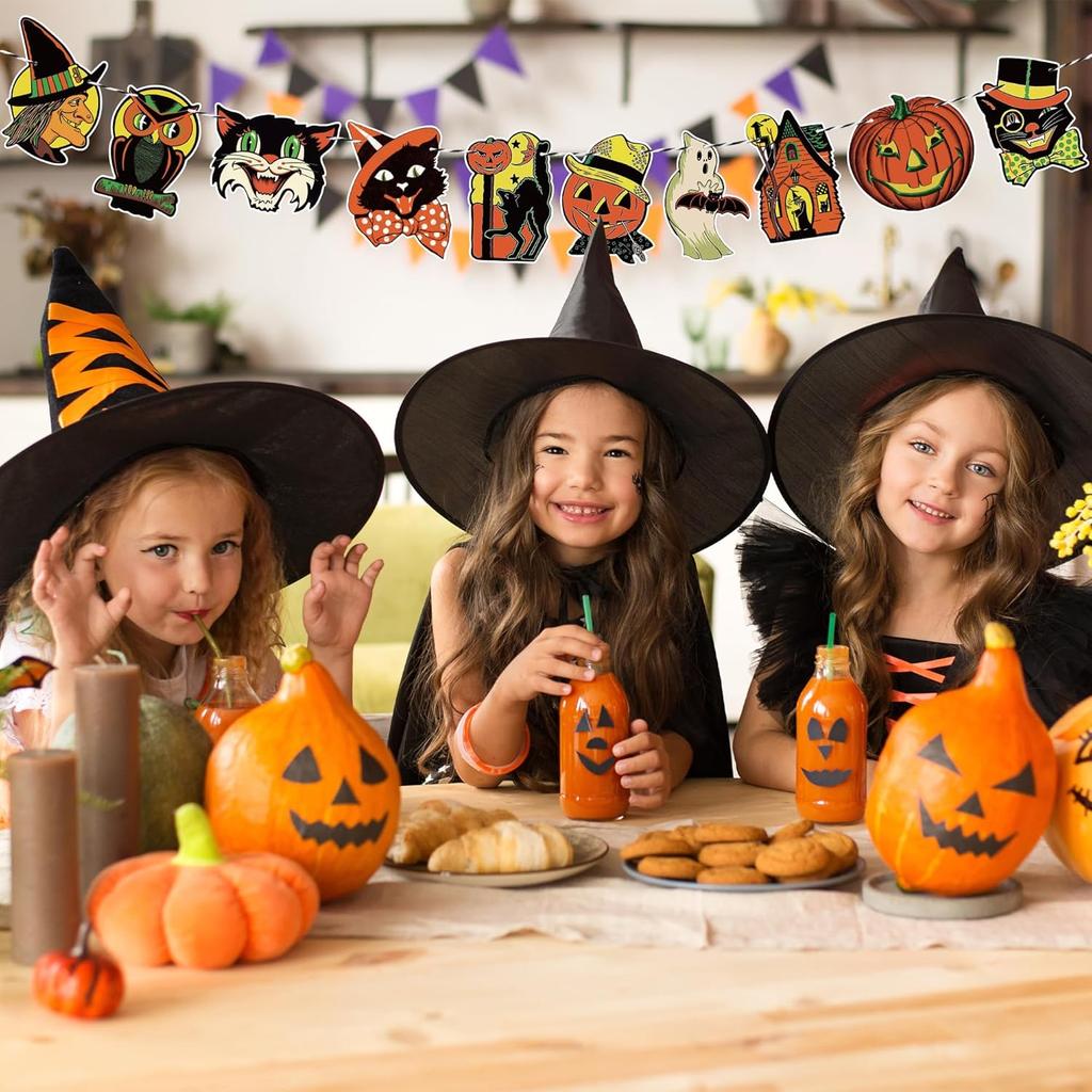 Vintage Halloween Hanging Banner Decoration, Retro Halloween Trick or Treat Cute Pumpkin Witch Ghost Cat Wall Bunting Garland Card Banner Cartoon