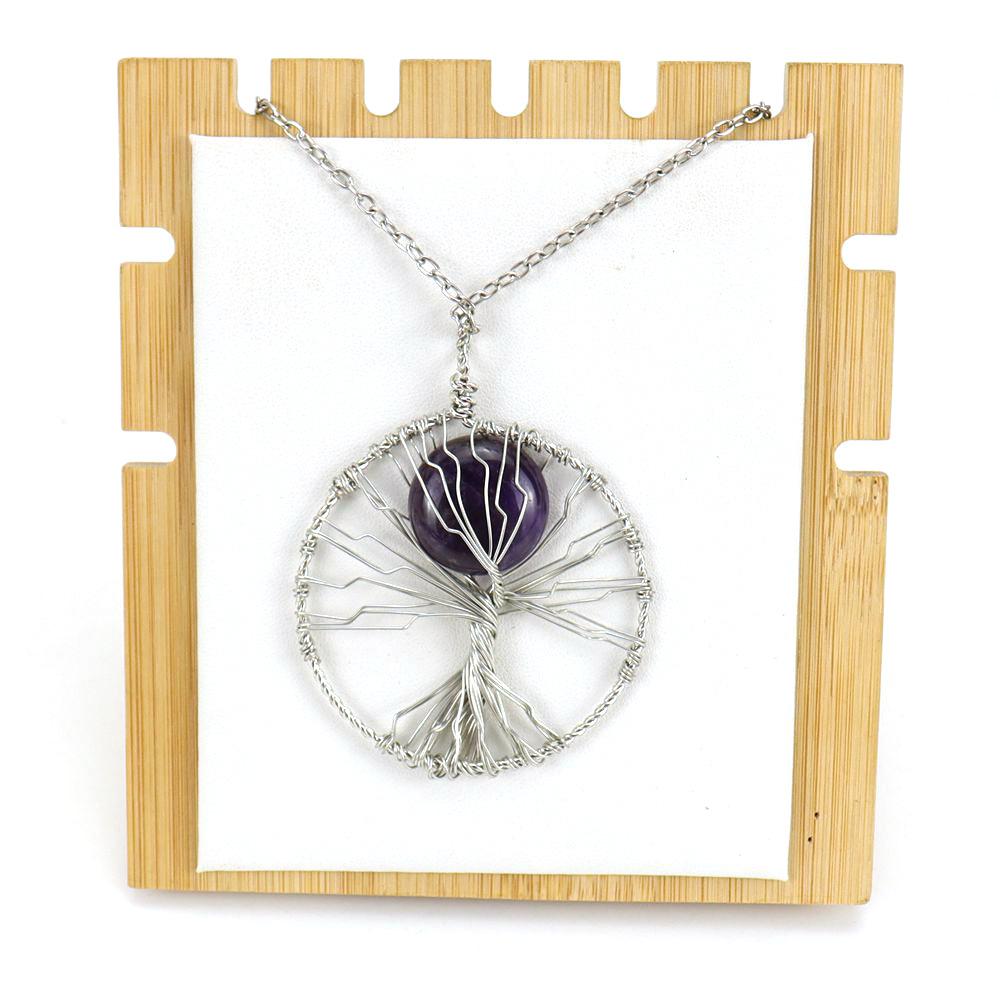 Hand-Wrapped Natural Crystal Agate Disc Tree Of Life Pendant Necklace N116