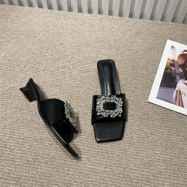 Fashion rhinestone square buckle one-character medium heel cool slippers women