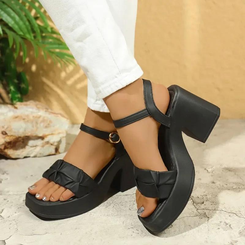 Ladies Shoes New Open Toe Dress Women's Sandals Plus Size Narrow Band Pleated Buckle Strap Heeled Sandals Woman Chunky Heels
