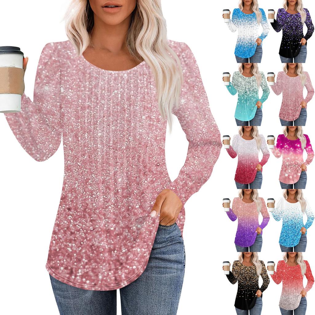 Langarmshirts für Damen, Oberteile, elegante, lässige Blusen, plissierte Tunika-Oberteile mit Rundhalsausschnitt