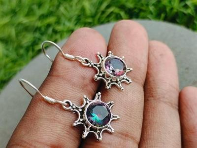 Mystic Topaz Gemstone Women Dangle Earring, Solid 925 Sterling Silver Birthstone Gift Round Shape Earring