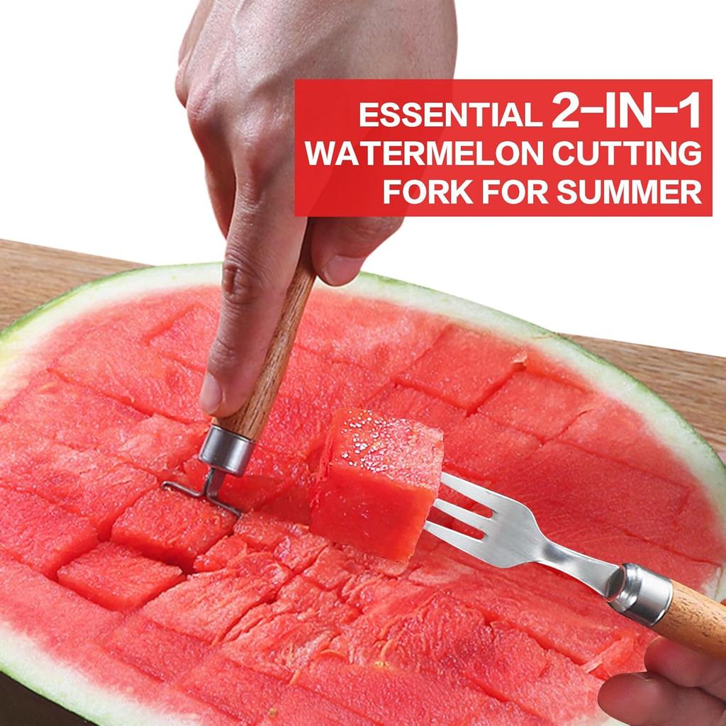 Wooden Handle Fruit Fork & Slicer, Stainless Steel Double Ended Cutter for Watermelon, Melon, Portable Kitchen Gadget (2PCS)
