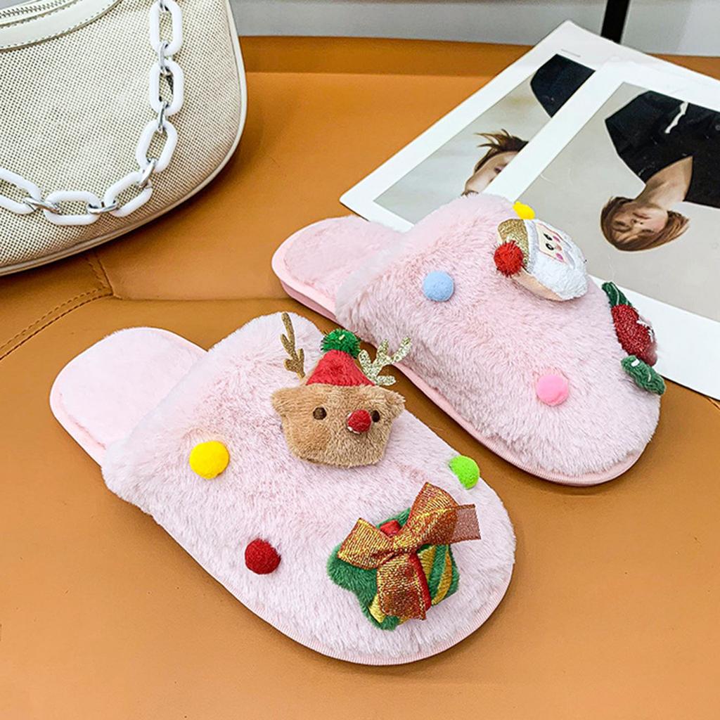 Women's Christmas Series Plush Slippers Winter Toe Covering Warm Slippers Indoor Soft Soled Cotton Womens House Slippers Size 8