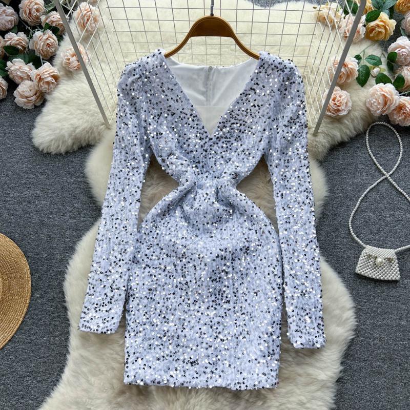 Winter Chic Sequin New One Piece Dress V-neck Long Sleeve Sexy Club Dresses Female Korean Fashion Vintage Evening Party Dress 2024