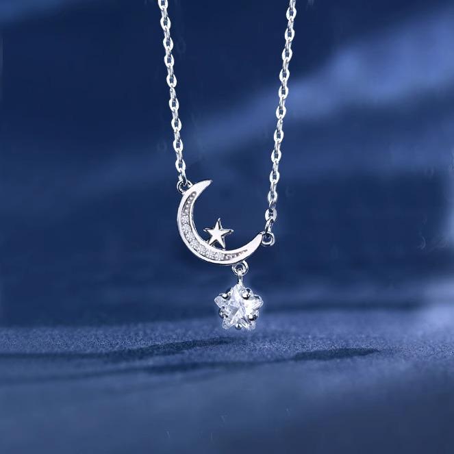 

2025 Новый стиль Ожерелье из стерлингового серебра 925 пробы Звезда и Луна для женщин - Популярный модный аксессуар для лучших подруг и сестер