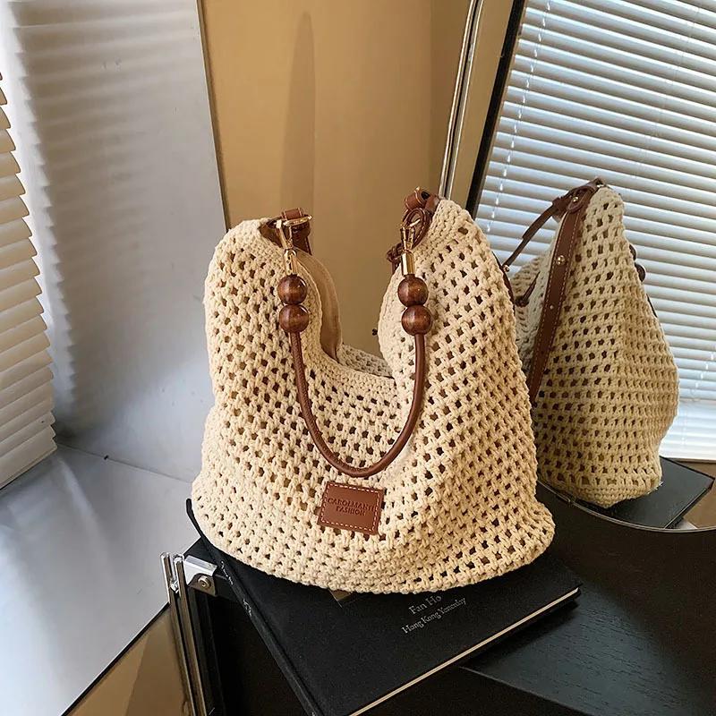 Women's Summer Fashi Hollow Knitted Handbag Ladies Casual Beach Vacati Beach Woven Bags Female Large Capacity Shoulder Bag