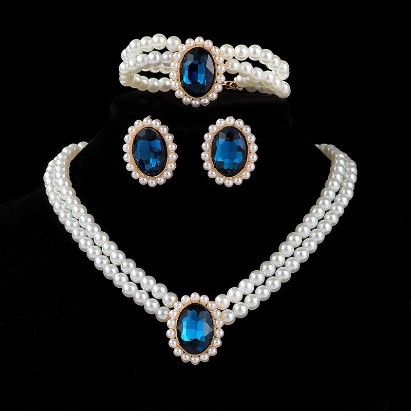 Multi-layer Neck Chain, Double-layer Imitation Pearl Oval Crystal Necklace, Stud Earrings, Bracelet, Three-piece Set.