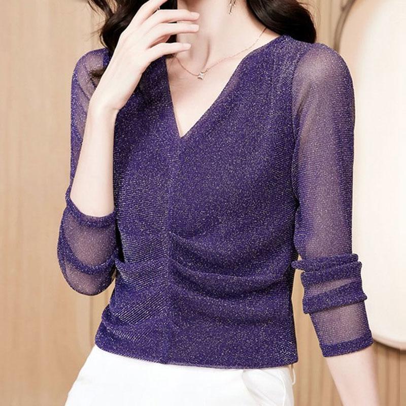 2022 T-shirt Casual Tinta Unita Elegante Seta Lucida Primavera Autunno Scollo a V Versatile Manica Lunga Pieghe Femminile Slim Maglie in Garza