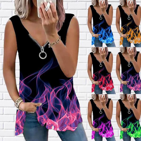 

Летний новый модный женский повседневный топ с V-образным вырезом на молнии с принтом и принтом больших размеров