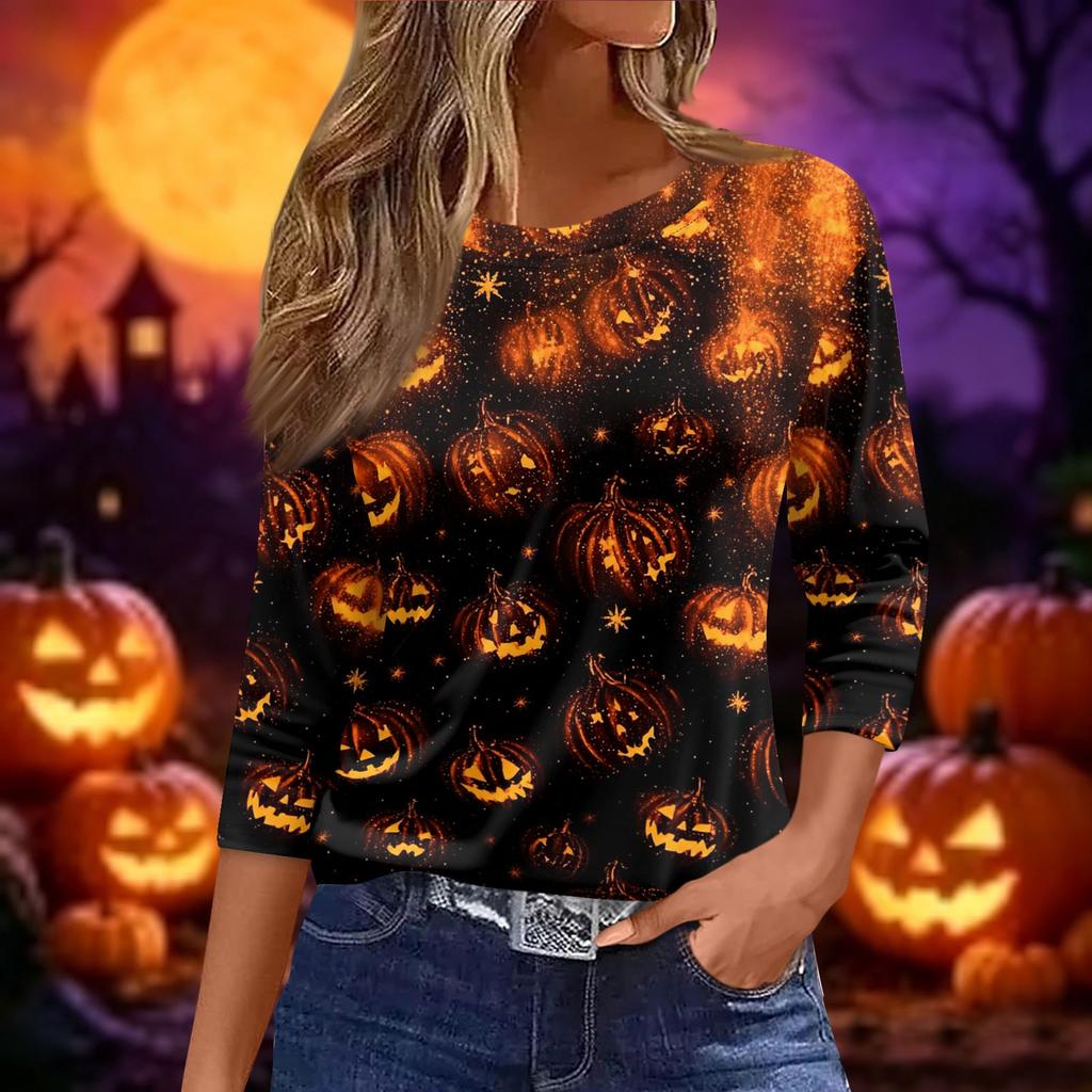 Women 3/4 Sleeve Loose Fit Casual Halloween Print T Shirt Round Neck Pullover Top for Autumn and Spring