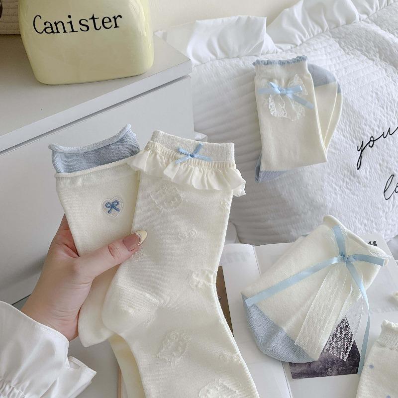 Blue and White Decorative Socks - Lil' Lolydita Bow Tie Ankle Socks with Rolled Edges and Gathered Fabric, Sweet Lace Socks